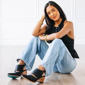 NEW Lane Robin Slingback Mule Jet Black Tooled Western Leather Snip Toe Bootie